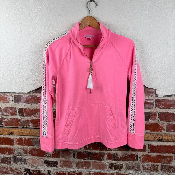 Lilly Pulitzer Jacket Size Small Pink Cotton Blend 1/4 Zip Pullover Lace Tassel - Picture 1 of 9